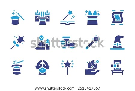 Magic icon set. Duotone color. Vector illustration. Containing magicwand, fairytale, magichat, magicday, magicboot, magic, blackmagic, crystalball.