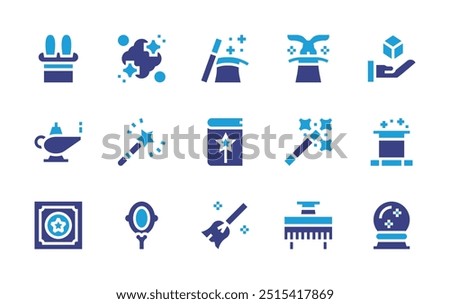 Magic icon set. Duotone color. Vector illustration. Containing magician, magicwand, magichat, magiclamp, magicbook, magicshow, dust, magicianhat.