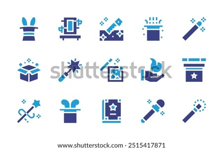 Magic icon set. Duotone color. Vector illustration. Containing magichat, fire, magicbook, magicwand, magicshow, magictrick, magicianhat, sawing, box.