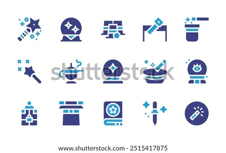 Magic icon set. Duotone color. Vector illustration. Containing knife, wand, crystalball, magicwand, magicball, magictrick, magicbook, magic, magiclamp, magichat.