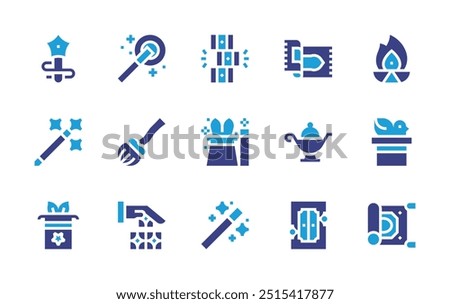 Magic icon set. Duotone color. Vector illustration. Containing fire, carpet, magicwand, magichat, magiccarpet, magictrick, magicbroom, magiclamp.