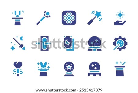 Magic icon set. Duotone color. Vector illustration. Containing celtic, staff, magichat, magictrick, magicball, magicwand, magicsymbols, magicbroom, magic.