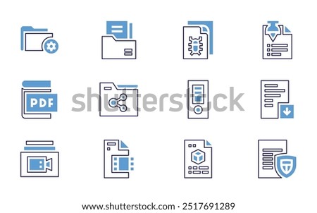 File icon set. Bold line style. Duotone colors. Editable stroke. file, pdf, sharing, video, 3d file, ai format, text, files, mp3 file format.