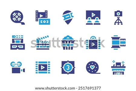 Film icon set. Duotone color. Vector illustration. Containing camera, filmroll, filmstrip, filmbudget, dglasses, movie, video, clapperboard, popcorn, cinema.