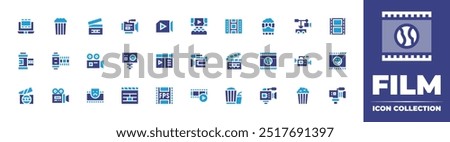 Film icon collection. Duotone color. Vector illustration. Containing filmroll, clapperboard, bollywood, videocamera, movie, drama, browser, cameraroll, fps, actioncamera.