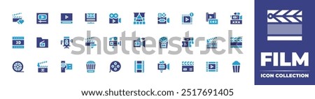 Film icon collection. Duotone color. Vector illustration. Containing dfilm, filmreel, oldcamera, clapperboard, videorecorder, moviefolder, popcorn, camera, actionmovie.