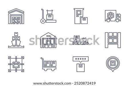 Logistics icon set. Line style. Editable stroke. product management, target, location, product, shipping, classification, cargo ship, stack, push cart, freight.