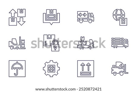 Logistics icon set. Line style. Editable stroke. forklift, overload, trolley, box, delivery truck, cargo crane, hours, add, keep dry, packaging, side up.