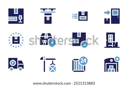 Logistics icon set. Bold style. Duotone colors. fragile, package, delivery time, delivery truck, drone, fast delivery, door delivery, cargo crane, hours, add.