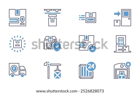 Logistics icon set. Bold line style. Duotone colors. Editable stroke. delivery time, fast delivery, door delivery, return box, lift, hours, add, keep dry.