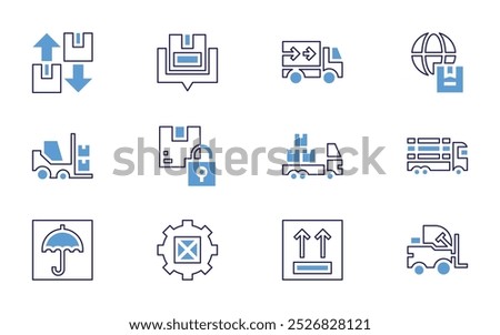 Logistics icon set. Bold line style. Duotone colors. Editable stroke. forklift, overload, truck, delivery, transport, shipment, no stock, location pin, side up, wooden box.