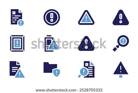 Exclamation mark icon set. Bold style. Duotone colors. rules, exclamation mark, search, warning sign, alert sign, low battery, error, danger, warning, folder.