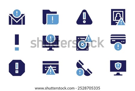 Exclamation mark icon set. Bold style. Duotone colors. alert, warning, folder, exclamation mark, email, hard disk, phone call, attention.