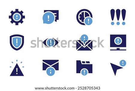 Exclamation mark icon set. Bold style. Duotone colors. alert, chat, time, important, folder, shield, subscription, cursor, warning sign, eye, settings.