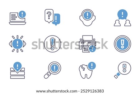 Exclamation mark icon set. Bold line style. Duotone colors. Editable stroke. mandatory, exclamation mark, vision, warning, low battery, alert, shield, subscription, eye.