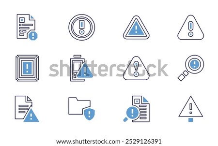 Exclamation mark icon set. Bold line style. Duotone colors. Editable stroke. exclamation, exclamation mark, search, important, folder, alert, tooth, cursor, error, warning sign, danger.