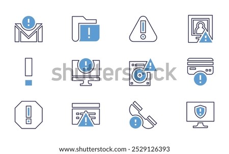 Exclamation mark icon set. Bold line style. Duotone colors. Editable stroke. delay, warning, shopping bags, folder, wanted, problem, email, privacy, caution, health report.