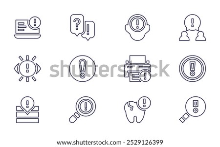 Exclamation mark icon set. Line style. Editable stroke. exclamation, memories, exclamation mark, rules, warning, low battery, tooth, error, folder.