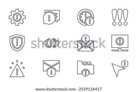 Exclamation mark icon set. Line style. Editable stroke. alert, incident, stress, mandatory, time, vision, exclamation, folder, subscription, cursor.