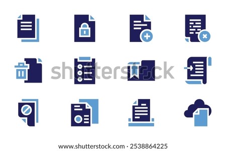 Documentation icon set. Bold style. Duotone colors. file, folder, submit, document, copy, delete file, task, plagiarism.