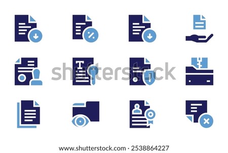 Documentation icon set. Bold style. Duotone colors. file, document, folder, certified, information, zip file, cancel.