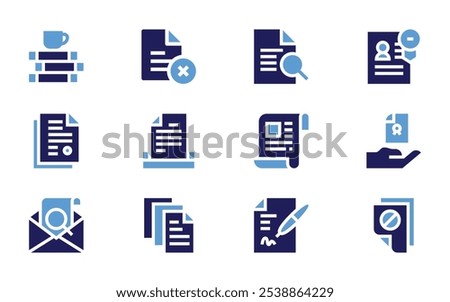 Documentation icon set. Bold style. Duotone colors. document, plagiarism, legal document, delete, submit, file, documents, contract.