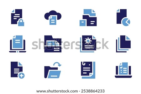 Documentation icon set. Bold style. Duotone colors. document, laptop, add file, cloud, open, papers, online learning, documents.