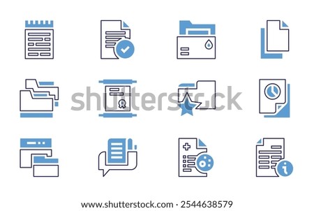 Documentation icon set. Bold line style. Duotone colors. Editable stroke. folder, document, documents, info, copy, file, delete file, task, plagiarism.