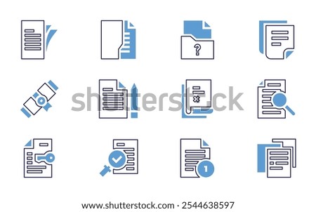 Documentation icon set. Bold line style. Duotone colors. Editable stroke. document, delete, submit, documents, question, notes, information, file, files.