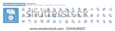 Documentation icon collection. Bold line style. Duotone colors. Editable stroke. file, document, folder, documents, certified, information, form, zip file, cancel.