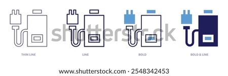 Low battery charging icon in 4 different styles. Thin Line, Line, Bold, and Bold Line. Duotone style. Editable stroke.