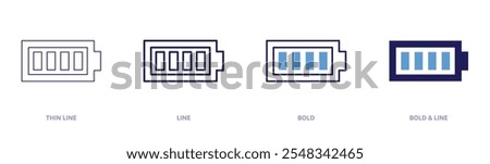 Full battery charging icon in 4 different styles. Thin Line, Line, Bold, and Bold Line. Duotone style. Editable stroke.