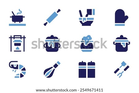 Cooking icon set. Bold style. Duotone colors. cooking pot, mixed, rolling pin, pot, cauldron, whisk, cook, salt and pepper, shrimp.