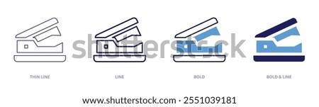 Stapler remover icon in 4 different styles. Thin Line, Line, Bold, and Bold Line. Duotone style. Editable stroke.