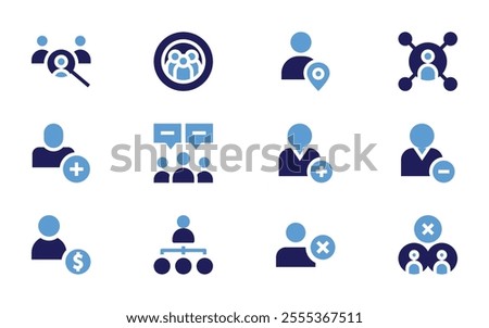 User icon set. Bold style. Duotone colors. hierarchy, social media, remove user, user, relationship, search, add user, users.