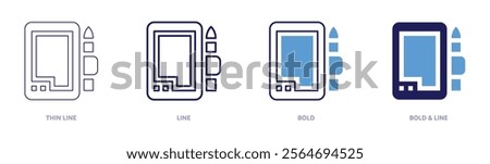 Tablet battery icon in 4 different styles. Thin Line, Line, Bold, and Bold Line. Duotone style. Editable stroke.