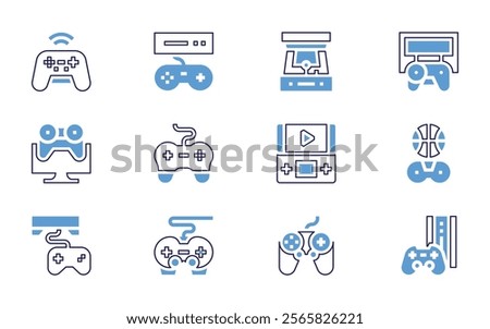 Video games icon set. Bold line style. Duotone colors. Editable stroke. gamecontroller, videogame, gameconsole, videoconsole, arcademachine, joystick, controller.