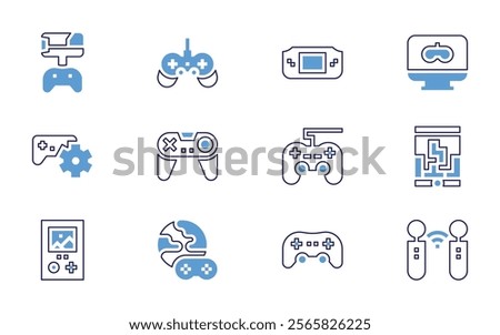 Video games icon set. Bold line style. Duotone colors. Editable stroke. gamepad, videogame, gamecontroller, gameconsole, arcademachine, tetris.