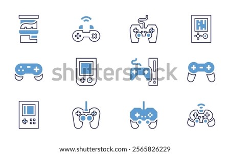 Video games icon set. Bold line style. Duotone colors. Editable stroke. gameconsole, gameboy, gamecontroller, gamepad, console, database.