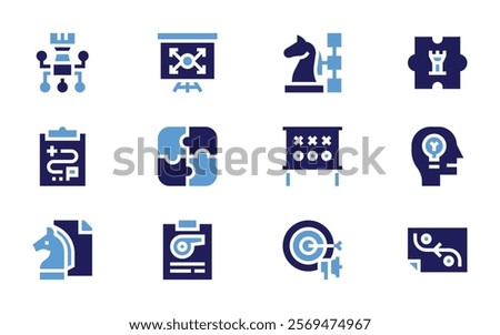 Strategy icon set. Bold style. Duotone colors. strategy, puzzle, clipboard, expansion, idea, target.