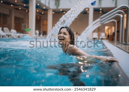 Similar – Woman in water in beautiful landscape