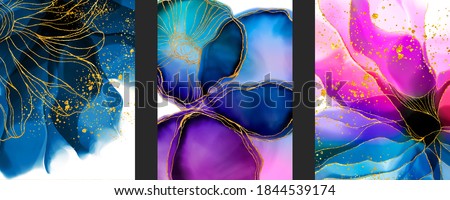 Set of Poster Fluid art background with watercolor, alcohol ink stain, spots elements with purple, pink, blue color. Elegant gold lines wallpaper. Poster, texture, print with copy spase 商業照片 © 
