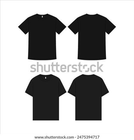 Unisex Black T-Shirt Design Template Front Back View Vector Technical Sketch - Short Sleeve Street-wear Apparel Illustration for Fashion CAD Tech Clothing