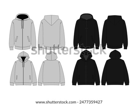 Black White Long Sleeves Sweatshirt Hoodie Template Apparel Blank Hoodie Sweatshirt Vector Fashion Illustration Streetwear Black Sweater Hoodie Flat Technical Drawing CAD Mockup Sweatshirt 