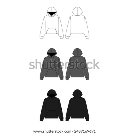 Black Blank Hoodie Mockup Template Streetwear Hoodie Vector Flat Technical Illustration Blank Hoodie Fashion Design Template Vector CAD Blank Hoodie Mock-up