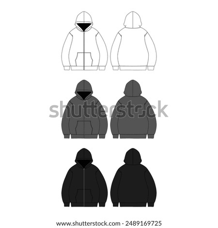 Blank Zipper Hoodie Technical Drawing Vector Fashion Illustration Hoodie Zipper Flat Vector Mockup Template Zipper Hoodie Apparel Mock-up Template Vector Clothing Zipper Hoodie CAD Design