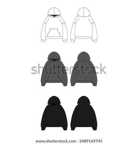 Black Long Sleeve Hoodie Mockup Template Streetwear Long Sleeve Hoodie Vector Flat Technical Illustration Hoodie Fashion Design Template Vector CAD Long Sleeve Hoodie Mock-up
