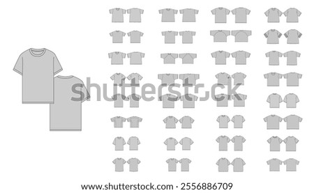 Set of Different T-Shirts Template - Technical Flat Drawing of Basic Tshirts V-neck Tee Shirt Design - Boxy T-Shirt Technical Illustration - Unisex Fitted Tee Shirt Vector Front and Back Views 