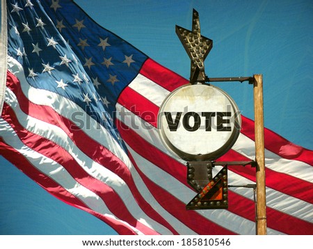 aged and worn vintage photo of american flag and vote sign