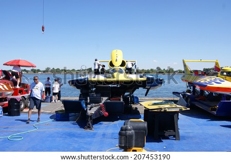 KENNEWICK, WA - JULY 25 : Hydroplane racing boats in pit area during Tri-Cities Water Follies annual event